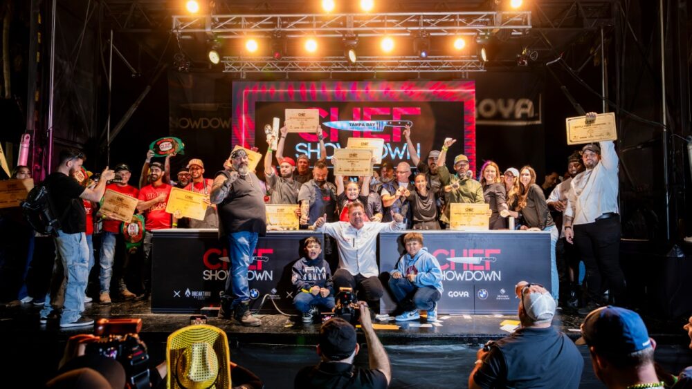 Chef Showdown winners at Tampa Bay Wine & Food Festival Winning chefs celebrate on stage at the Tampa Bay Wine & Food Festival Chef Showdown