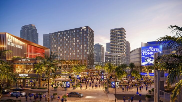 Renderização de um distrito de entretenimento planejado ao longo da Channelside Drive, no centro de Tampa