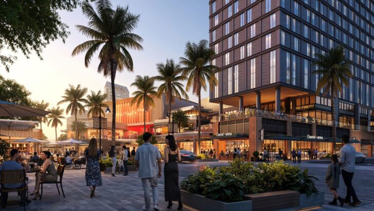 Renderização de áreas comerciais e de pedestres planejadas como parte de um distrito de entretenimento no centro de Tampa