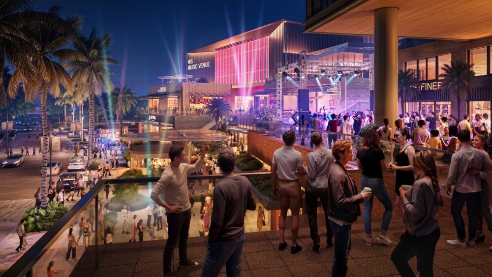 Rendering of a 3,500-seat live music and performance venue planned in downtown Tampa at night