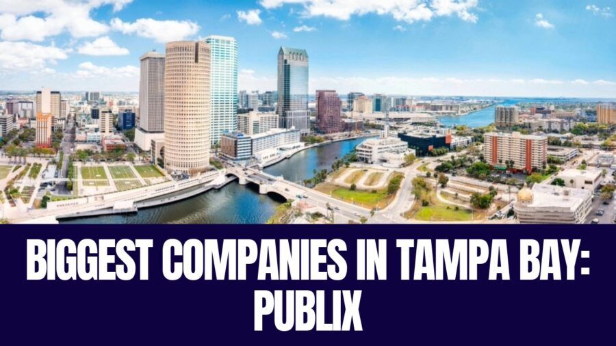 Downtown Tampa skyline along the Hillsborough River with an overlay reading “Biggest Companies in Tampa Bay: Publix.”