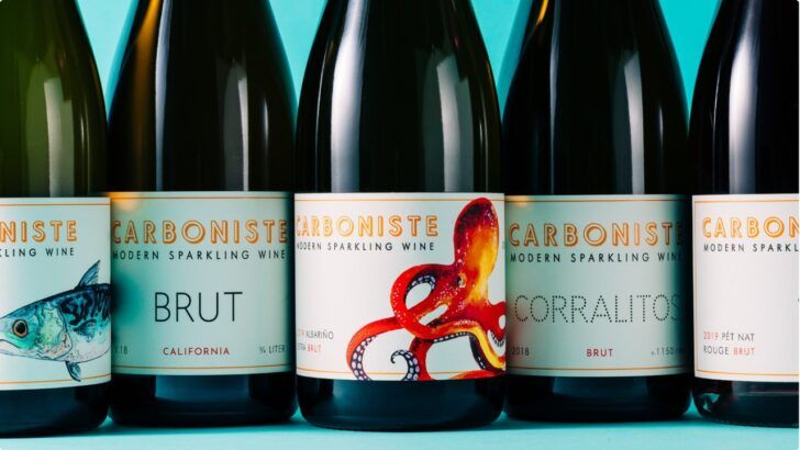 Carboniste sparkling wine bottles displayed on a shelf, an example of the curated wine selection planned for Volta Wine + Market.