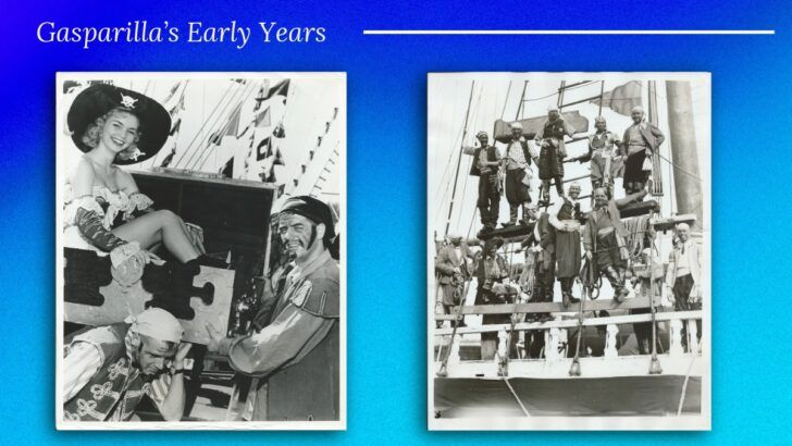 Historic black-and-white photos of early Gasparilla celebrations showing costumed pirates aboard the Jose Gasparilla ship, including crew members posing on deck and performers staged as part of the invasion spectacle.