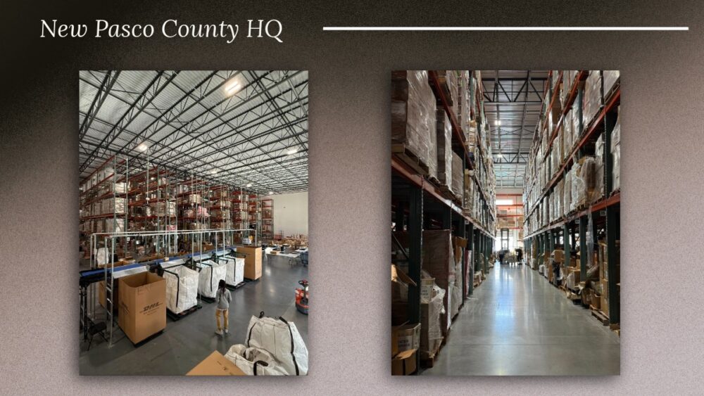Inside The Fulfillment Lab’s Pasco County headquarters showing warehouse racking and fulfillment operations.