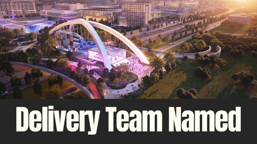 Rendering of the proposed Gas Plant District showing Innovation Hall and surrounding development in St. Petersburg.