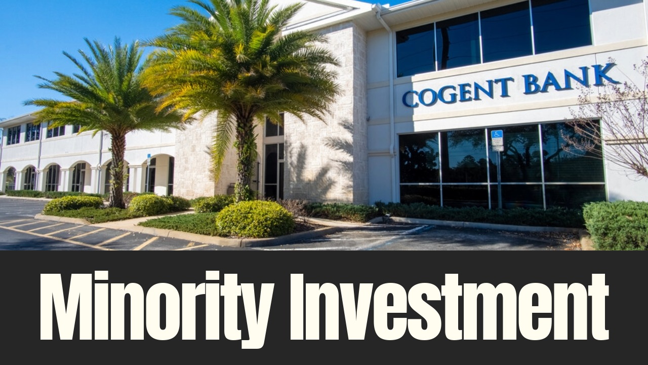Exterior of a Cogent Bank branch in Florida with palm trees and the Cogent Bank sign visible.