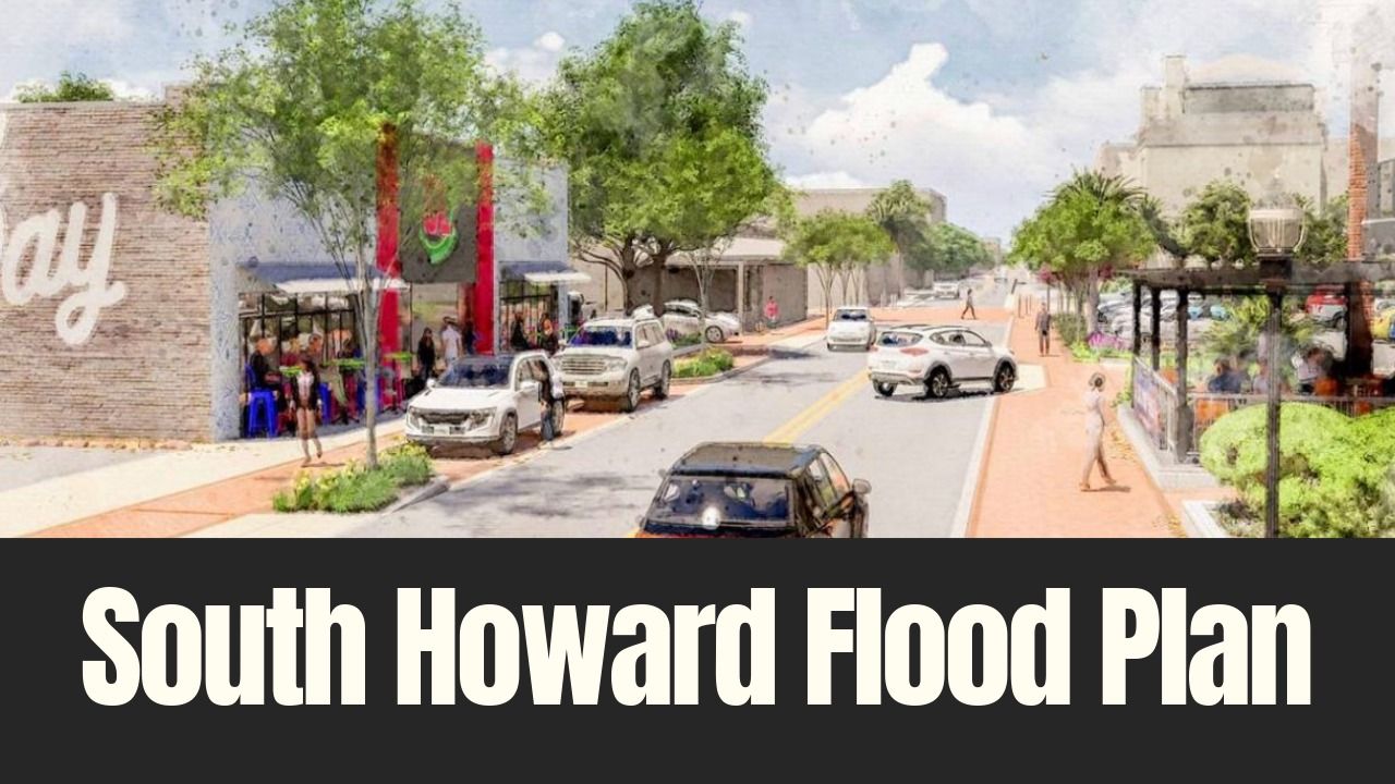 Rendering of a redesigned South Howard Avenue with widened sidewalks street trees and improved drainage