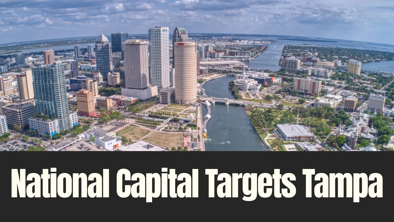Aerial view of downtown Tampa showing the skyline, Hillsborough River, and surrounding development.