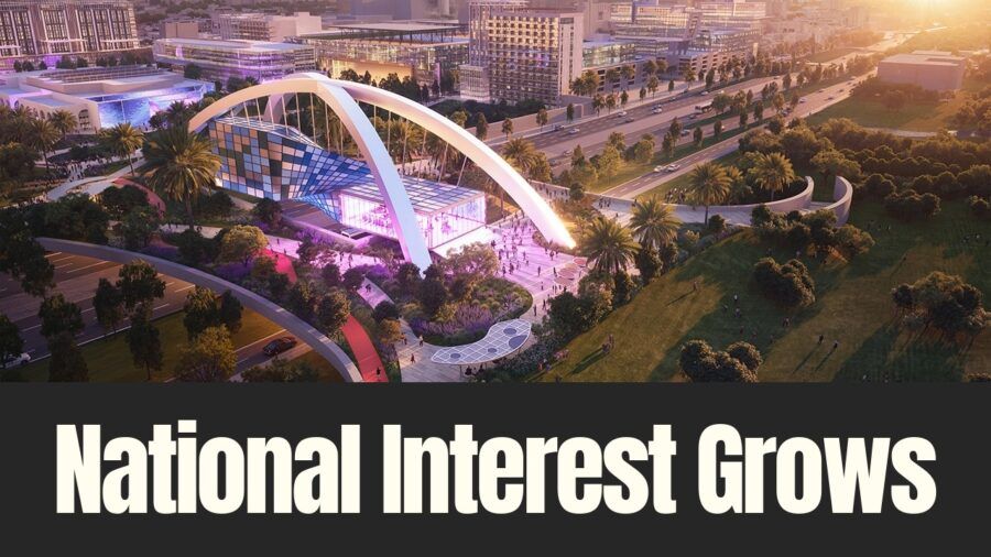 Rendering of a proposed redevelopment concept for St. Petersburg’s Historic Gas Plant District, showing a large public venue, green space and surrounding development.