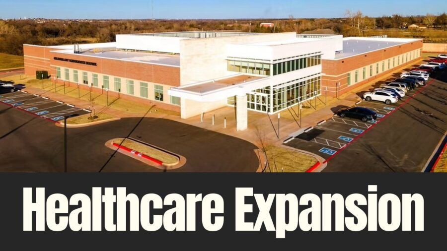 Aerial view of an inpatient rehabilitation hospital in Oklahoma City following a recent expansion.