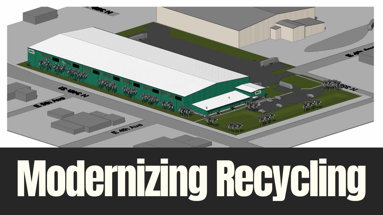 Rendering of Waste Management’s planned automated recycling facility in East Ybor, showing a long warehouse building with truck access and support structures.
