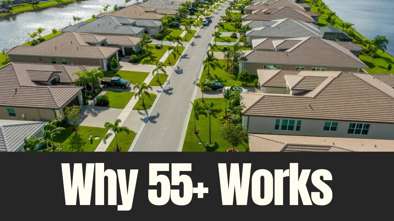 An aerial view of a 55+ residential community with single story homes lining a landscaped street in Florida.