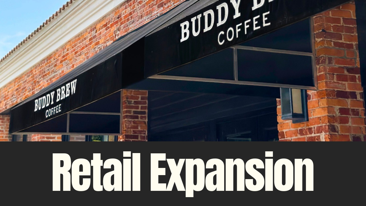 Buddy Brew Coffee storefront with black awnings during retail expansion into grocery stores