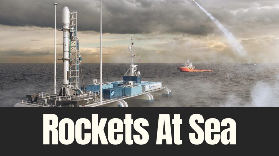 Mobile offshore launch platform carrying a rocket at sea during a conceptual launch scenario