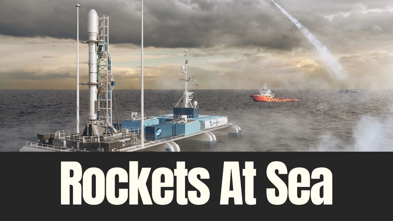 Mobile offshore launch platform carrying a rocket at sea during a conceptual launch scenario