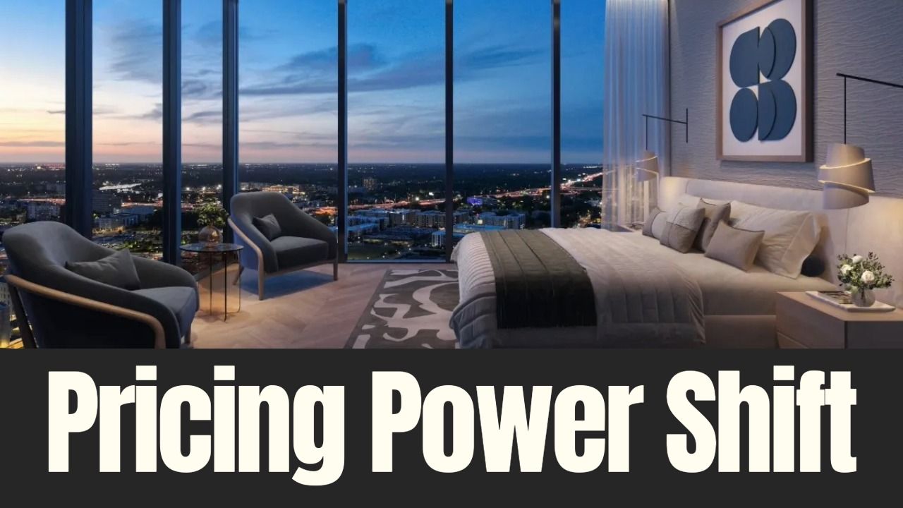 Luxury hotel suite rendering at Hotel ORA with floor-to-ceiling windows overlooking downtown Tampa at dusk.
