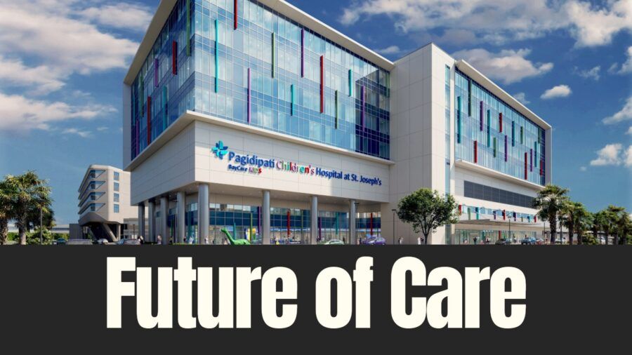 Rendering of Pagidipati Children’s Hospital at St. Joseph’s in Tampa with modern glass design and bold exterior colors