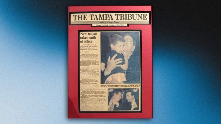 Framed front page of The Tampa Tribune announcing the swearing in of Tampa mayor Dick Greco.