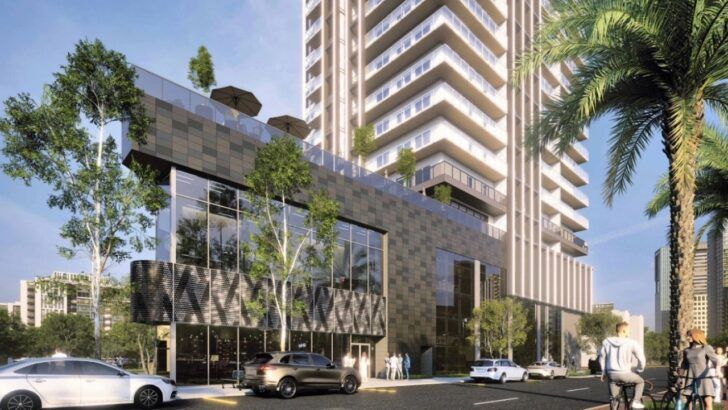 Street-level rendering of The Gaspar high-rise in Downtown Tampa