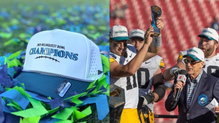 Campus Course ReliaQuest Bowl Champions hat alongside Iowa players celebrating with the trophy in Tampa.