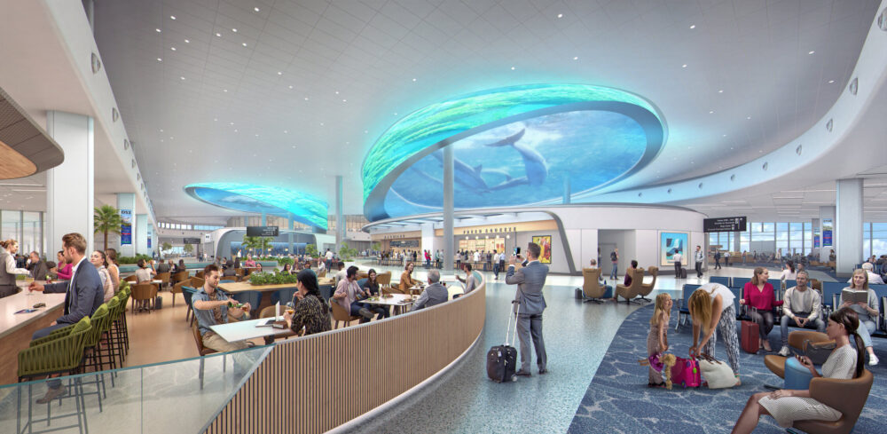Interior rendering of Tampa International Airport’s planned Airside D concourse with seating, dining and large digital ceiling displays.