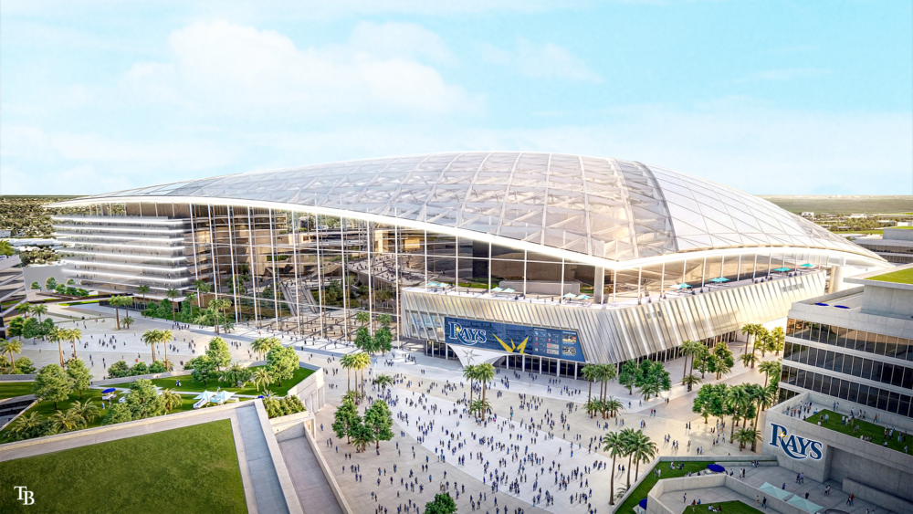 Exterior rendering of the proposed Tampa Bay Rays ballpark at Hillsborough College’s Dale Mabry campus in Tampa.
