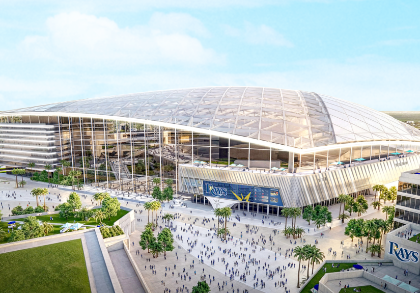 Exterior rendering of the proposed Tampa Bay Rays ballpark at Hillsborough College’s Dale Mabry campus in Tampa.