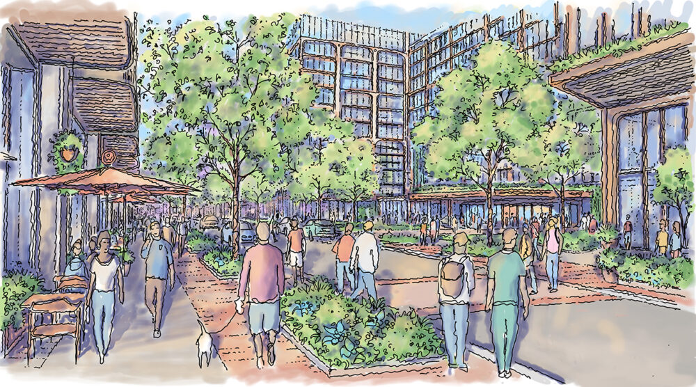Artist rendering of a pedestrian oriented streetscape within a proposed mixed-use development in East Ybor City.