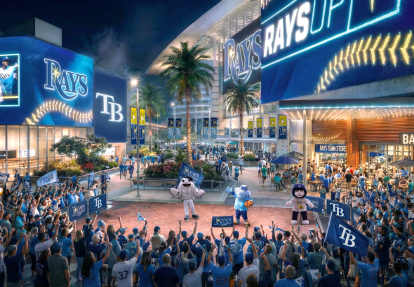 Rendering shows a pregame plaza outside the proposed Rays ballpark with fans, video boards, restaurants and team-branded streetscape.