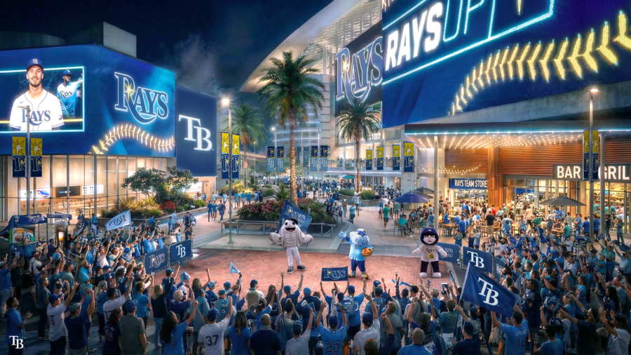 Rendering shows a pregame plaza outside the proposed Rays ballpark with fans, video boards, restaurants and team-branded streetscape.