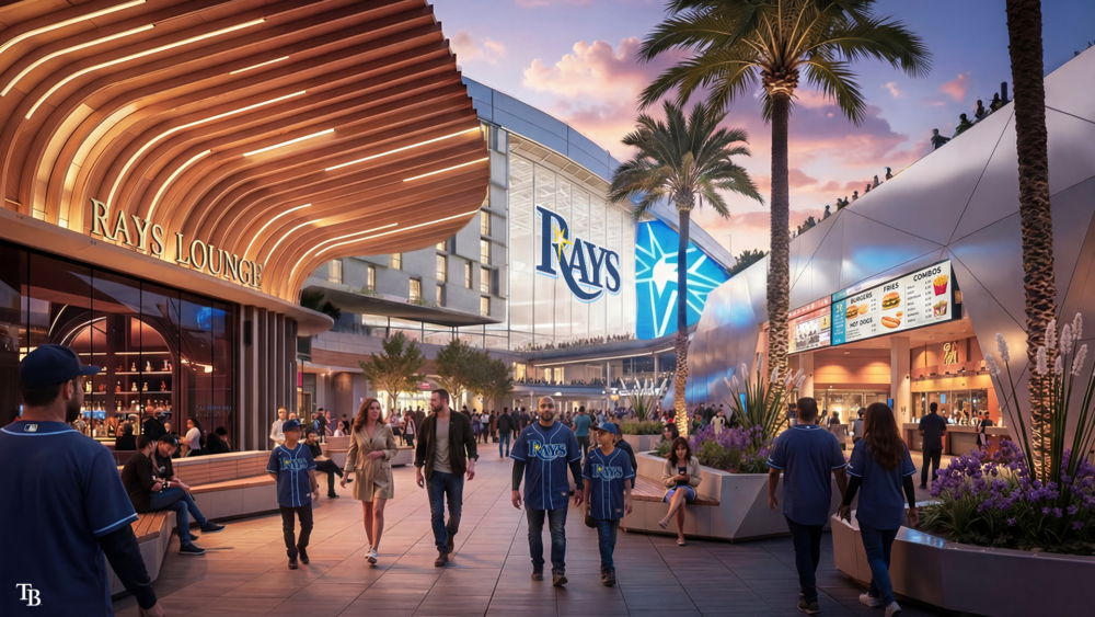Street-level rendering shows fans walking through a retail corridor outside the proposed Rays ballpark, with the Rays Lounge and stadium façade in view.