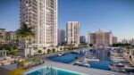 Rendering of The Ritz-Carlton Residences, Sarasota Bay overlooking a marina with boats, waterfront pool deck and high-rise towers in Sarasota.