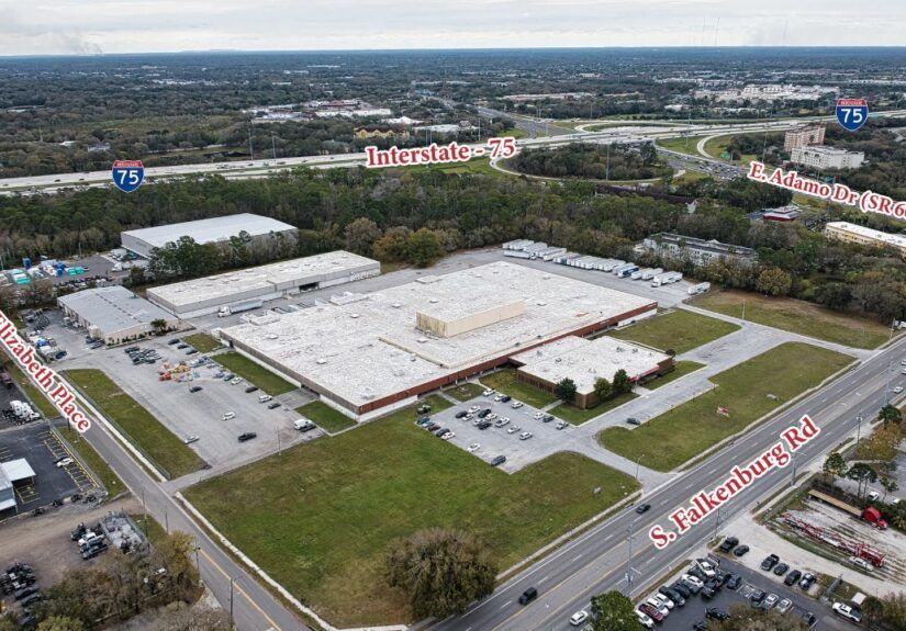 Aerial view of 500 S. Falkenburg Road industrial site near Interstate 75 in Tampa