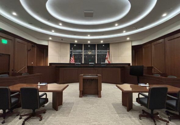 Interior ceremonial courtroom at the $59 million Bernie McCabe Courthouse, home of Florida’s Second District Court of Appeal in St. Petersburg.