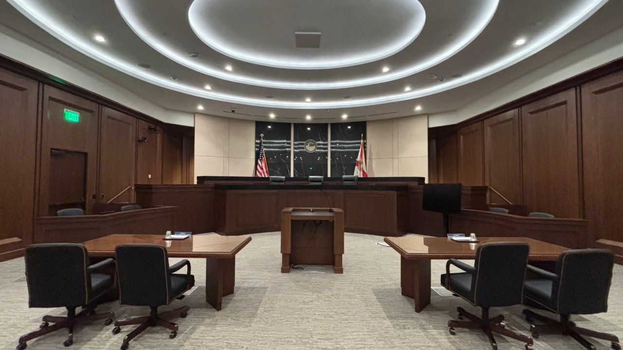 Interior ceremonial courtroom at the $59 million Bernie McCabe Courthouse, home of Florida’s Second District Court of Appeal in St. Petersburg.