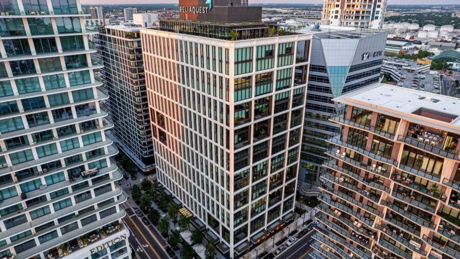 Aerial view of Thousand & One office tower at Water Street Tampa in downtown Tampa.