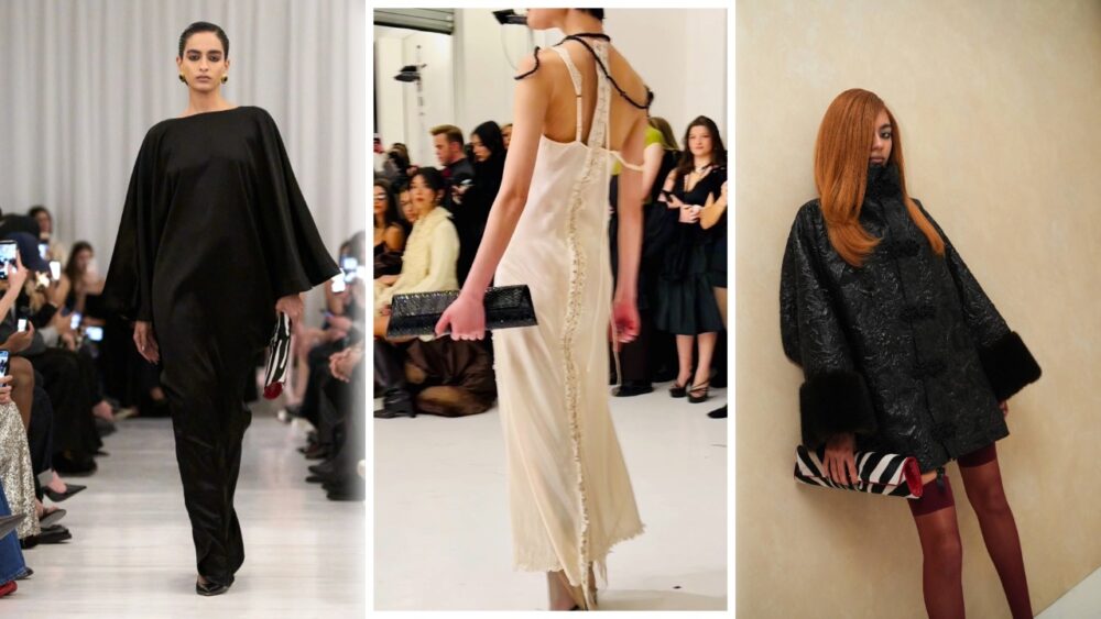 Models carry custom BSWANKY handbags during Christian Cowan’s Fall/Winter 2026 runway show at New York Fashion Week