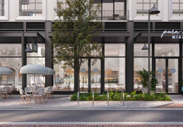 A rendering shows the planned Pura Vida Miami storefront at Water Street Tampa, with large windows and outdoor café seating.