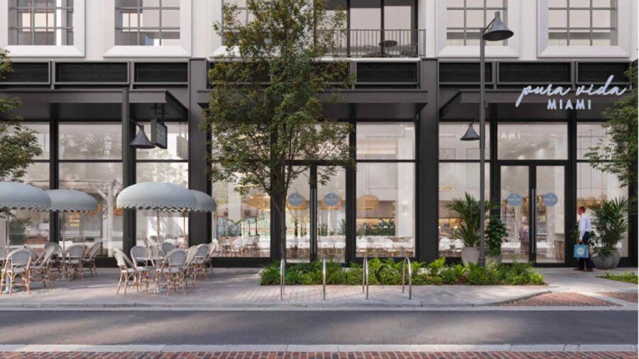 A rendering shows the planned Pura Vida Miami storefront at Water Street Tampa, with large windows and outdoor café seating.