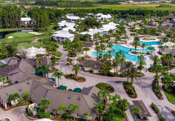 Aerial view of Saddlebrook Resort in Wesley Chapel, showing pools, golf course and resort buildings.