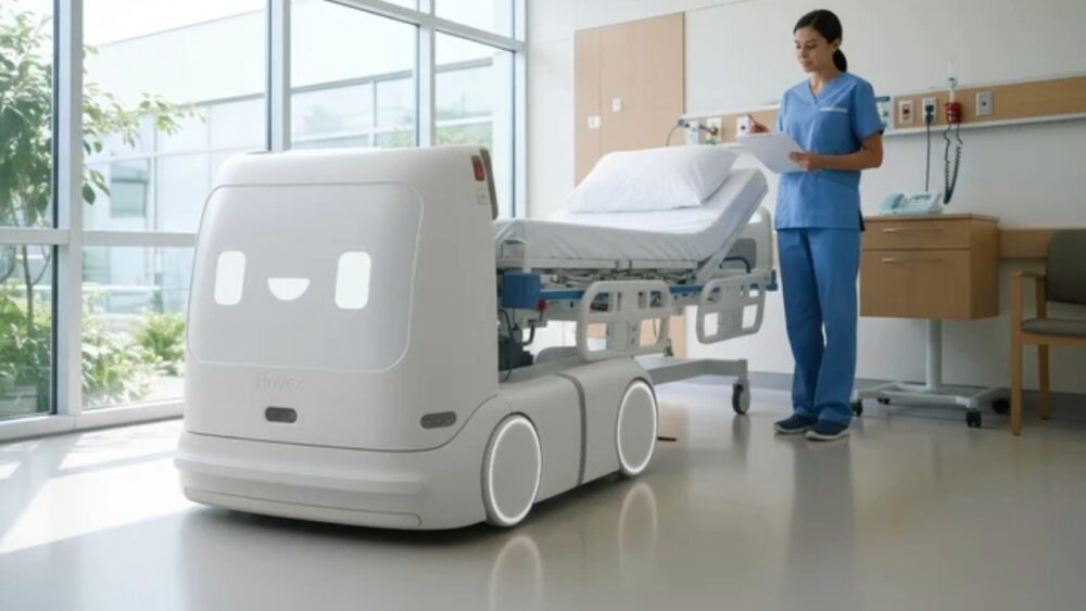 Autonomous robot prepares to move a hospital bed as a nurse reviews patient information in a medical room.