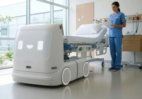Autonomous robot prepares to move a hospital bed as a nurse reviews patient information in a medical room.
