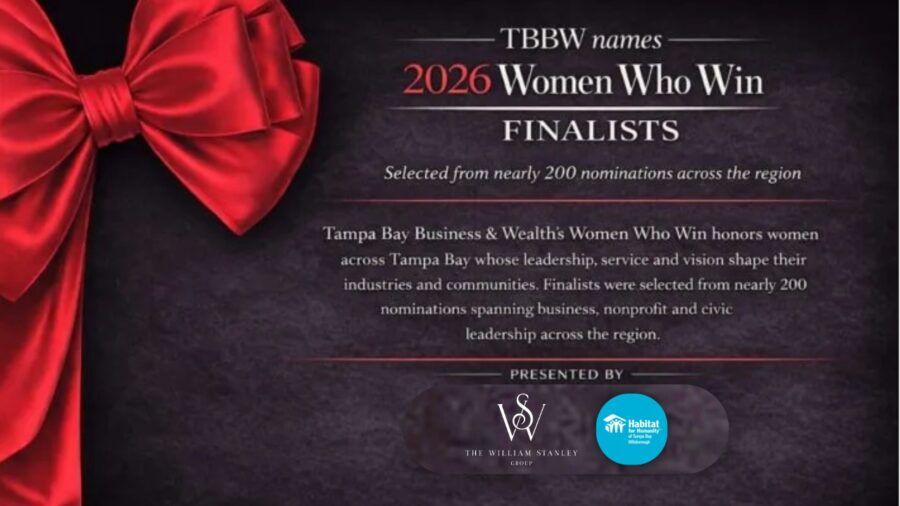 Red ribbon graphic announcing TBBW names 2026 Women Who Win finalists selected from nearly 200 nominations across Tampa Bay, presented by The William Stanley Group and Habitat for Humanity Tampa Bay Hillsborough.