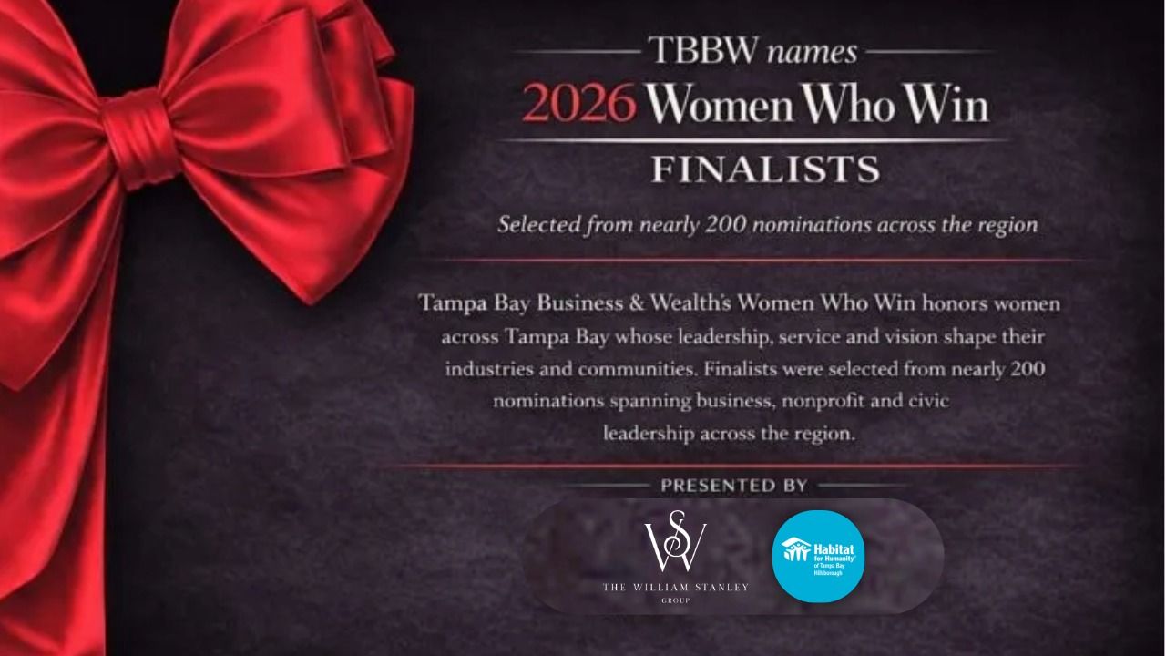 Red ribbon graphic announcing TBBW names 2026 Women Who Win finalists selected from nearly 200 nominations across Tampa Bay, presented by The William Stanley Group and Habitat for Humanity Tampa Bay Hillsborough.