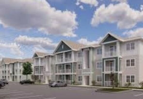 Rendering of a three-story multifamily apartment community planned along the Hillsborough River in Tampa