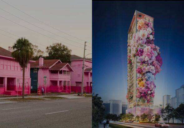 Side-by-side image shows bright pink apartment buildings slated for demolition and a rendering of the proposed Roche Bobois St. Pete Tower in downtown St. Petersburg.