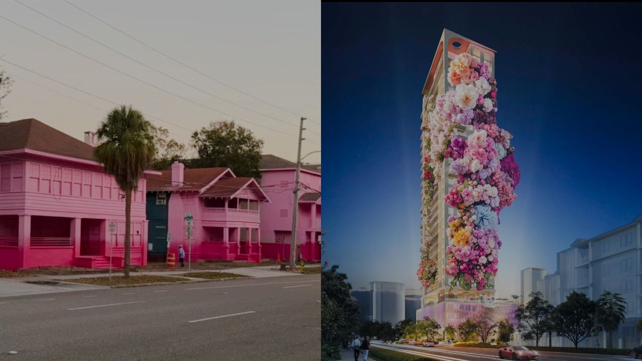 Side-by-side image shows bright pink apartment buildings slated for demolition and a rendering of the proposed Roche Bobois St. Pete Tower in downtown St. Petersburg.