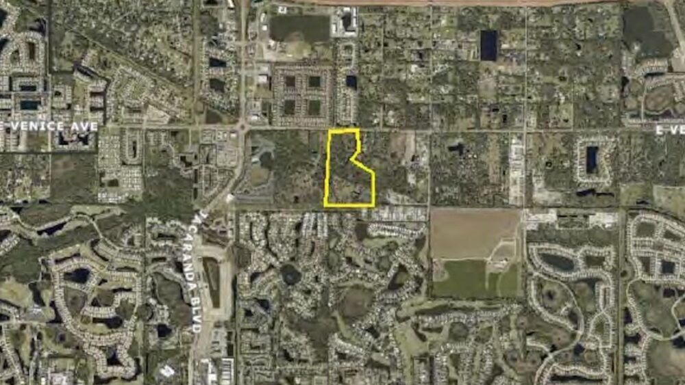 Aerial map showing the 50.25-acre Venice property outlined in yellow near East Venice Avenue.