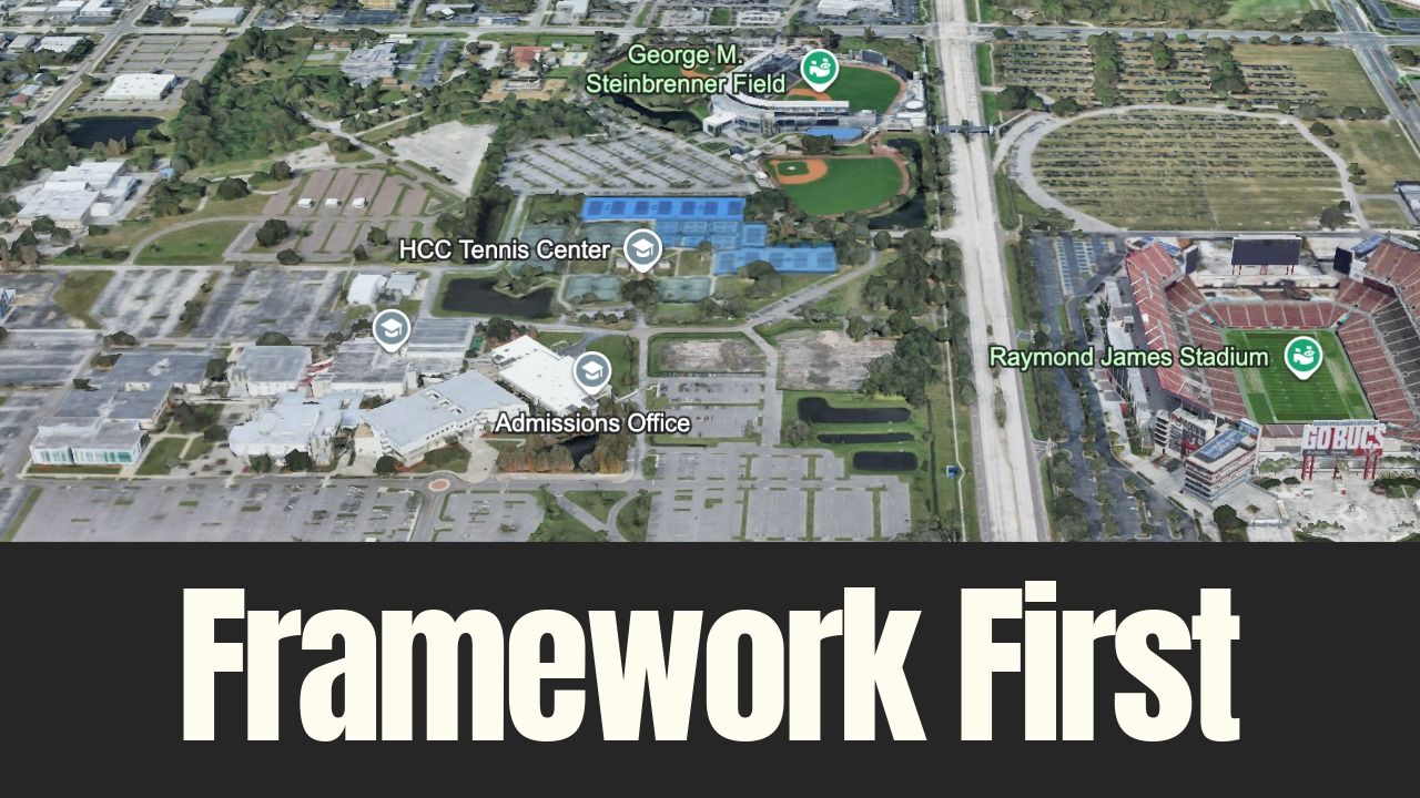 Aerial view of Hillsborough College’s Dale Mabry campus near Raymond James Stadium in Tampa