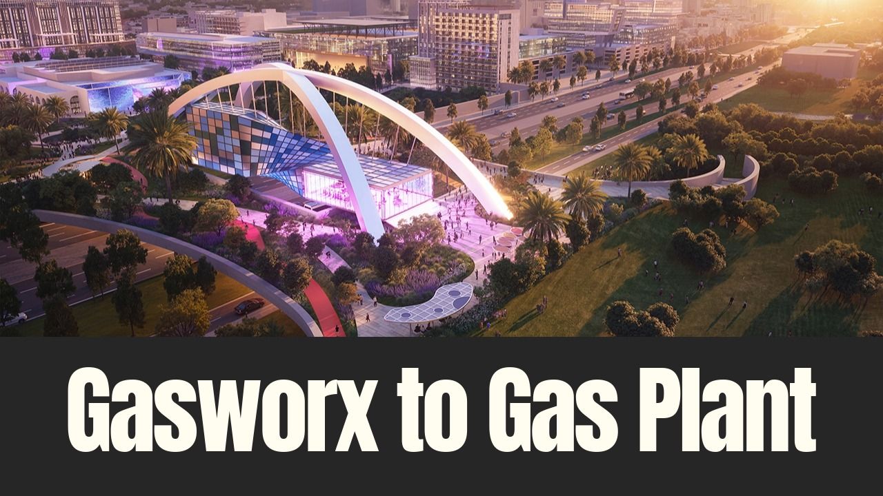Rendering of the proposed Historic Gas Plant District redevelopment showing a central pavilion, surrounding park space, and mixed-use buildings near the Tropicana Field site in St. Petersburg.